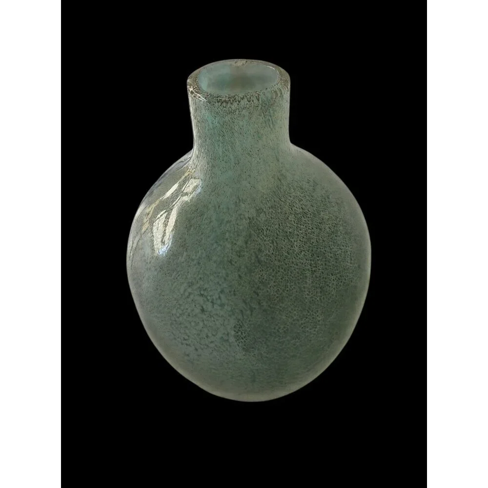 90s Aqua Hand-Blown Bubble Glass Vase 11” Textured Art Glass Modern Decor